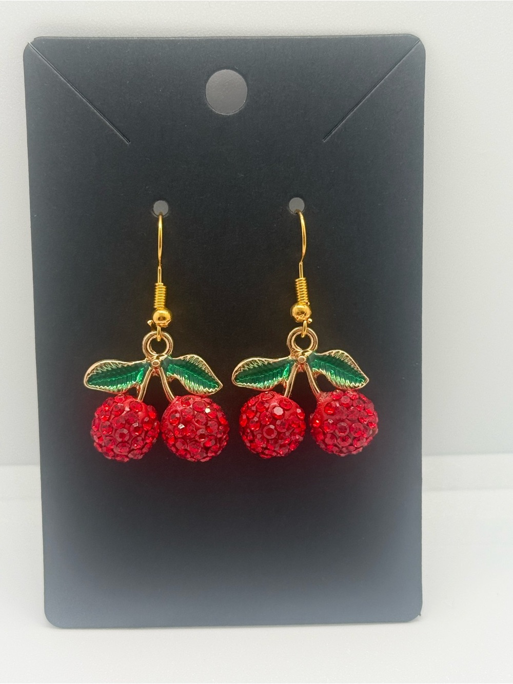 Gold Cherry Drop Earrings with Red Crystal Pavé